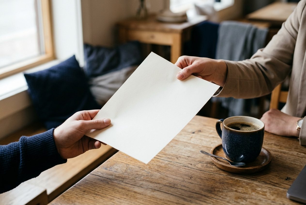 Two people exchanging a resume across a wooden table with a cup of coffee