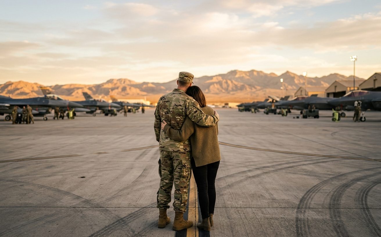 A service member and spouse embracing, seen from behind, on an air base ramp with fighter jets and desert mountains in warm evening light