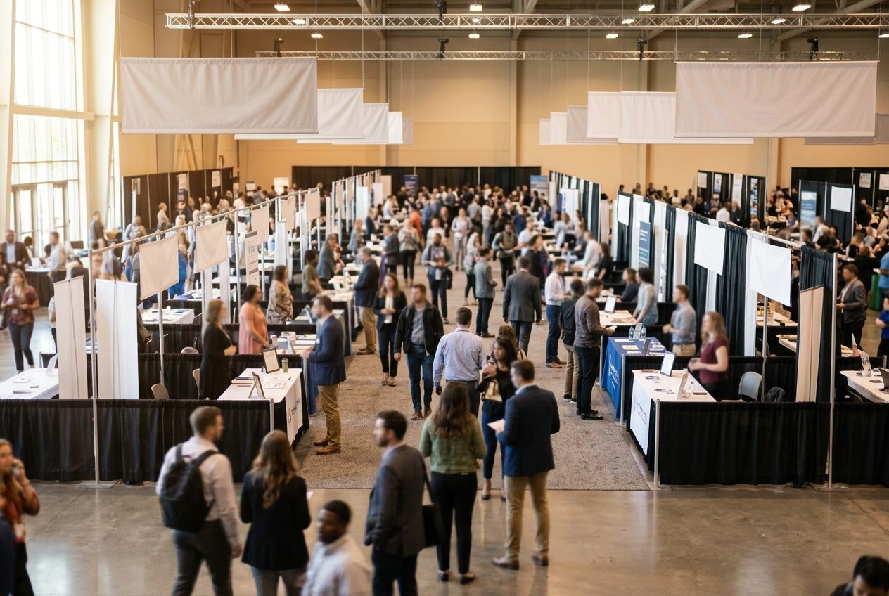 A busy employment fair in a large hall with rows of employer booths and job seekers walking the aisles